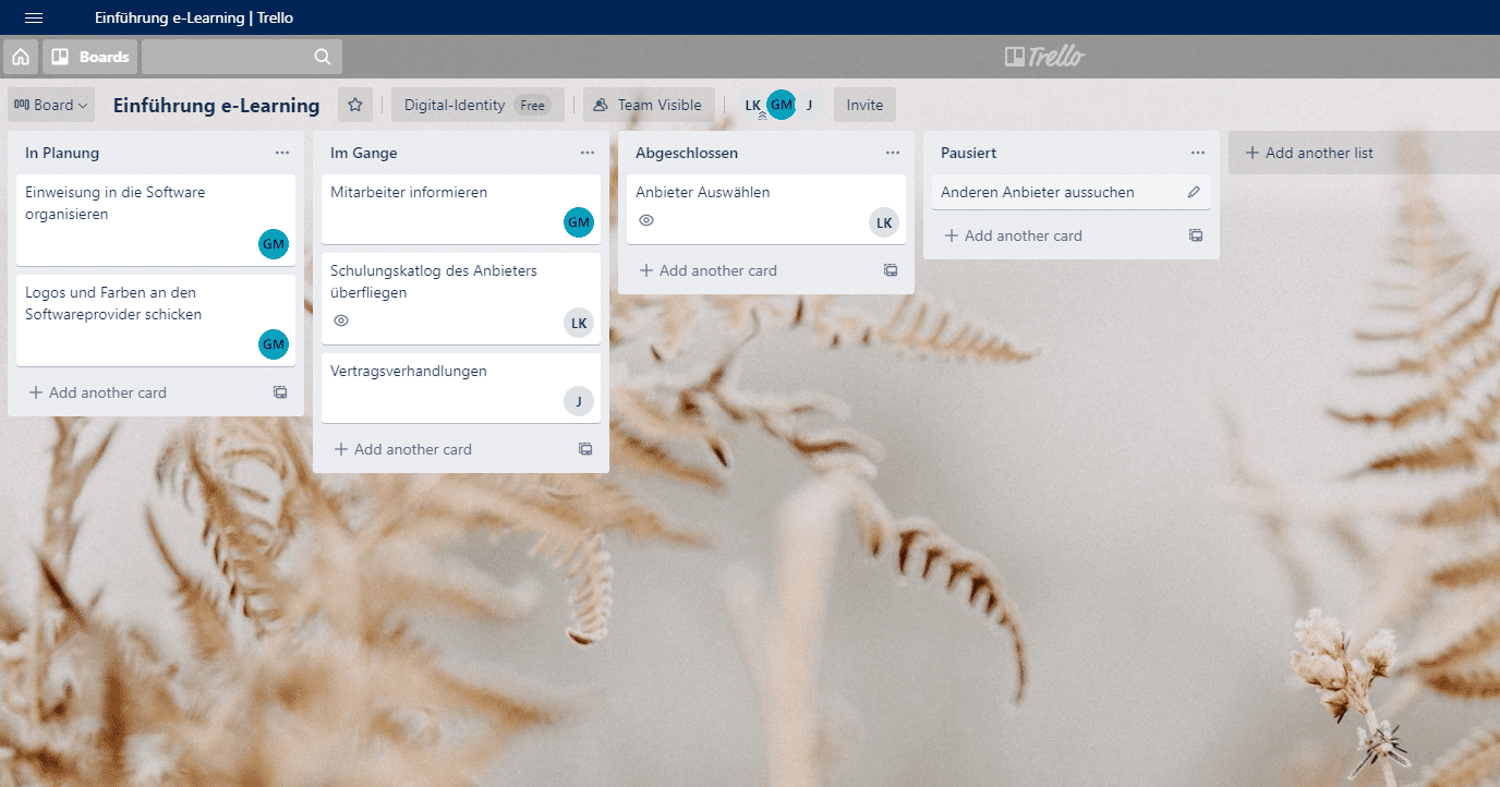 Trello Board fiktives Projekt e-Learning Pflege