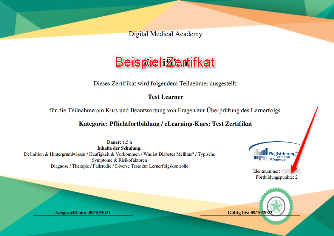 Beispiel Zertifikat RbP (Registrierung beruflich Pflegender)